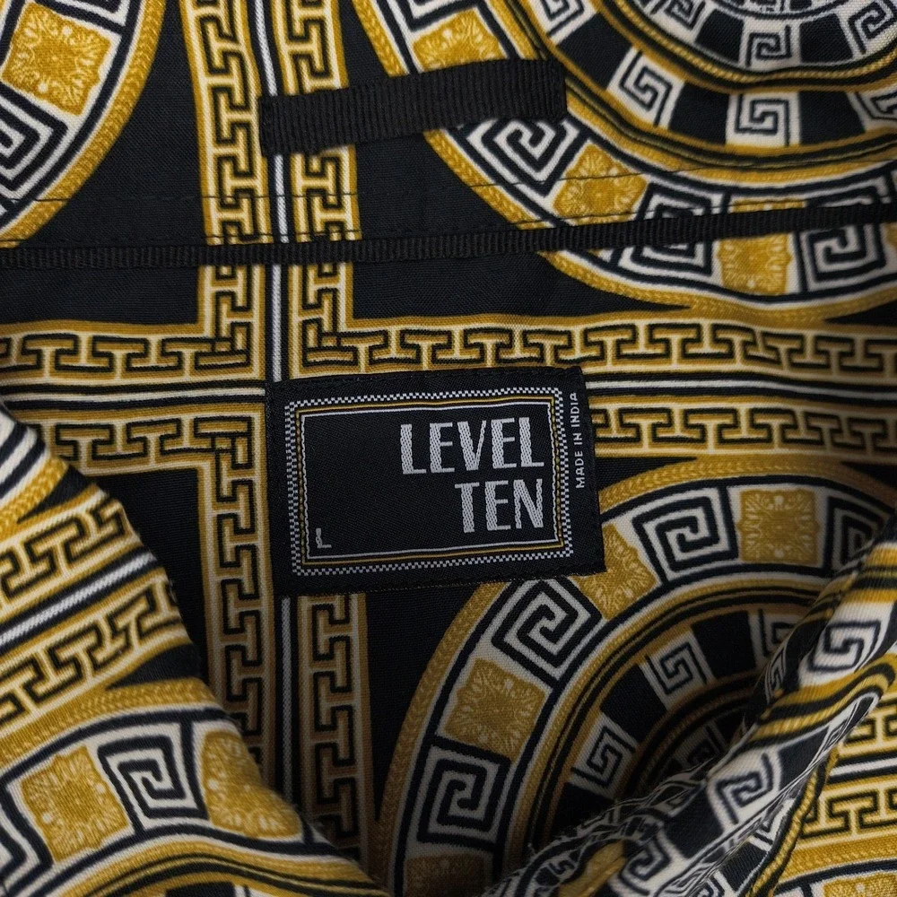 Level Ten Mens Large Black Gold Greek Key Medusa Baroque Print Button Down Shirt
